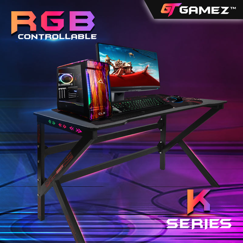 GTGAMEZ K Series LED Lighting Carbon Fiber E-sports RGB Gaming Table / Gaming Desk-HMZ-GT-JF-12060/14060-KL-BK-LED