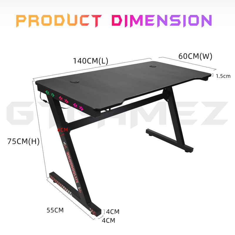 GTGAMEZ Z Series LED Lighting Carbon Fiber Surface E-sports RGB Gaming Table/Gaming Desk-HMZ-GT-JF-12060/14060-ZL-BK-LED