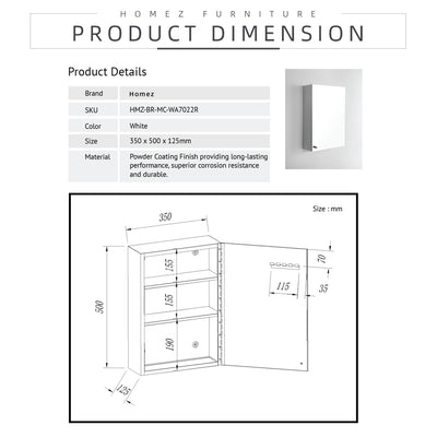 Bathroom Mirror Cabinet HMZ-BR-MC-WA7022R Powder Coat Finish - L350 x W125 x H500mm