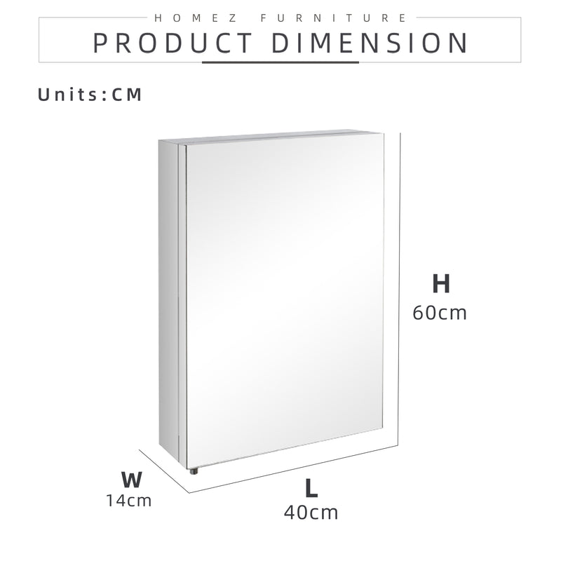 Bathroom Mirror Cabinet 100% Stainless Steel - L400 x W140 x H600mm - HMZ-BR-MC-7025R