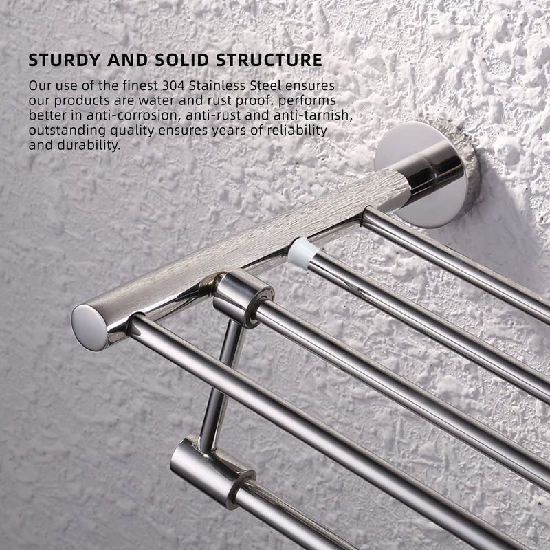 Wall Mounted SUS304 Stainless Steel Tower Shelf/Towel Rack with Rotatable Hanging Towel Bar - HMZ-BRTR-LY304T-60