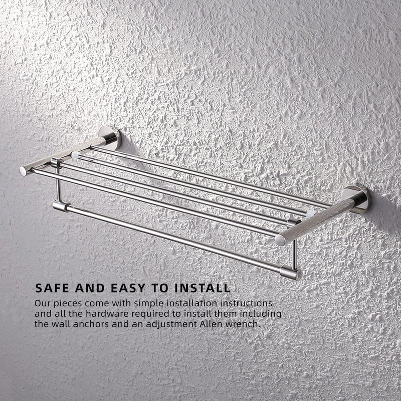 Wall Mounted SUS304 Stainless Steel Tower Shelf/Towel Rack with Rotatable Hanging Towel Bar - HMZ-BRTR-LY304T-60