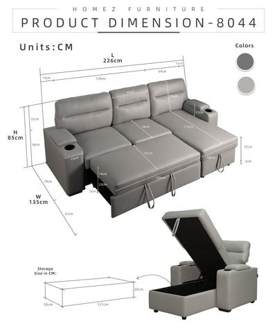 (Free Installation) 7.4FT/6.7FT 3 Seater TPU / Leathaire Sofa L Shape Sofa Multifunctional Sofa Bed Cup Holder Storage Box-Dark/Light Grey/Grey/Clay