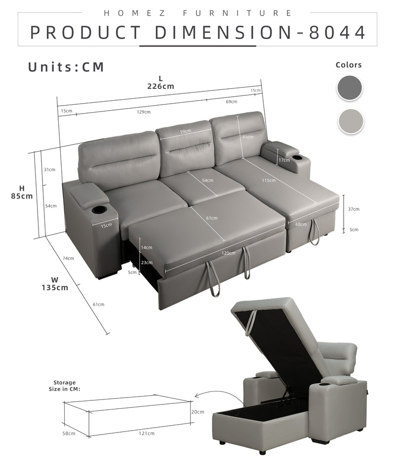(Free Installation) 7.4FT/6.7FT 3 Seater TPU / Leathaire Sofa L Shape Sofa Multifunctional Sofa Bed Cup Holder Storage Box-Dark/Light Grey/Grey/Clay