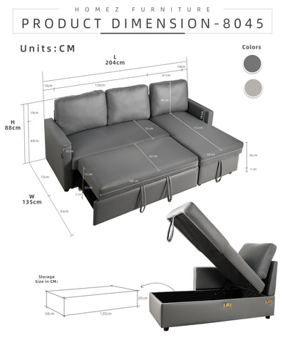 (Free Installation) 7.4FT/6.7FT 3 Seater TPU / Leathaire Sofa L Shape Sofa Multifunctional Sofa Bed Cup Holder Storage Box-Dark/Light Grey/Grey/Clay
