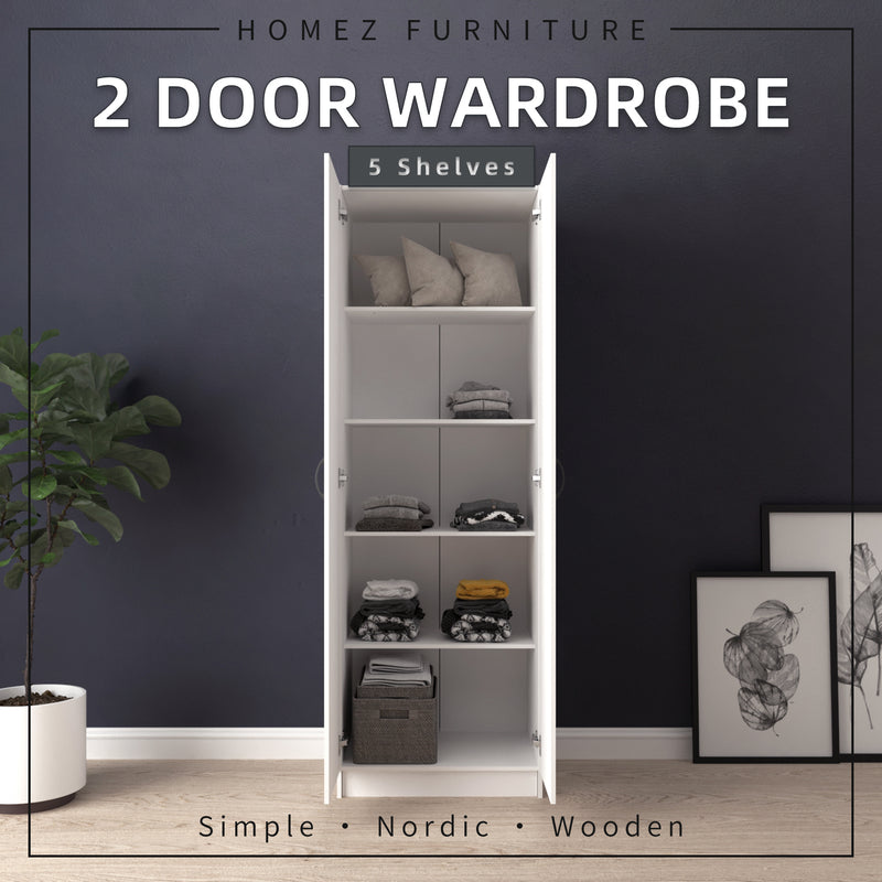 2 Door Wardrobe Bigger Size with 5 Shelves (180cm Height) HMZ-FN-WD-6002