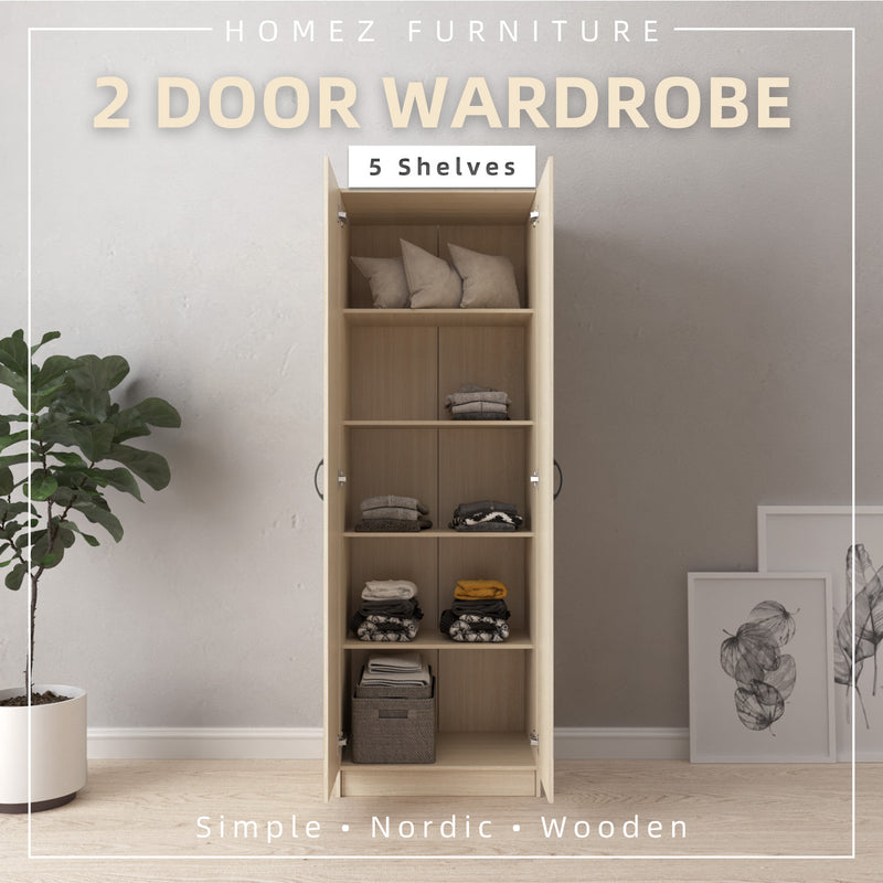 2 Door Wardrobe Bigger Size with 5 Shelves (180cm Height) HMZ-FN-WD-6002
