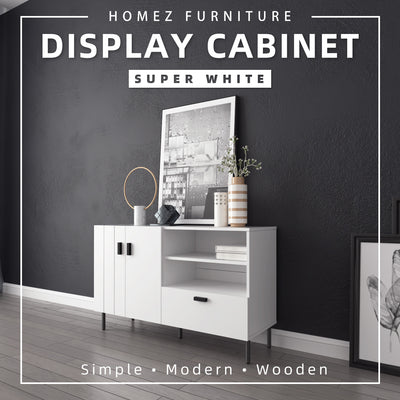 (Self-assembly) 4FT Jasmine Series Display Cabinet Modernist Design with Metal Leg - HMZ-FN-DC-J1200-WT