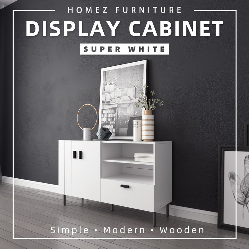 (Self-assembly) 4FT Jasmine Series Display Cabinet Modernist Design with Metal Leg - HMZ-FN-DC-J1200-WT