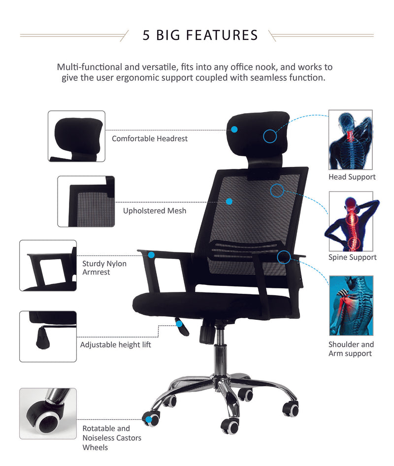 Mesh Office Chair HMZ-OC-HB-836 with Ergonomic Design & Chrome Leg - Black