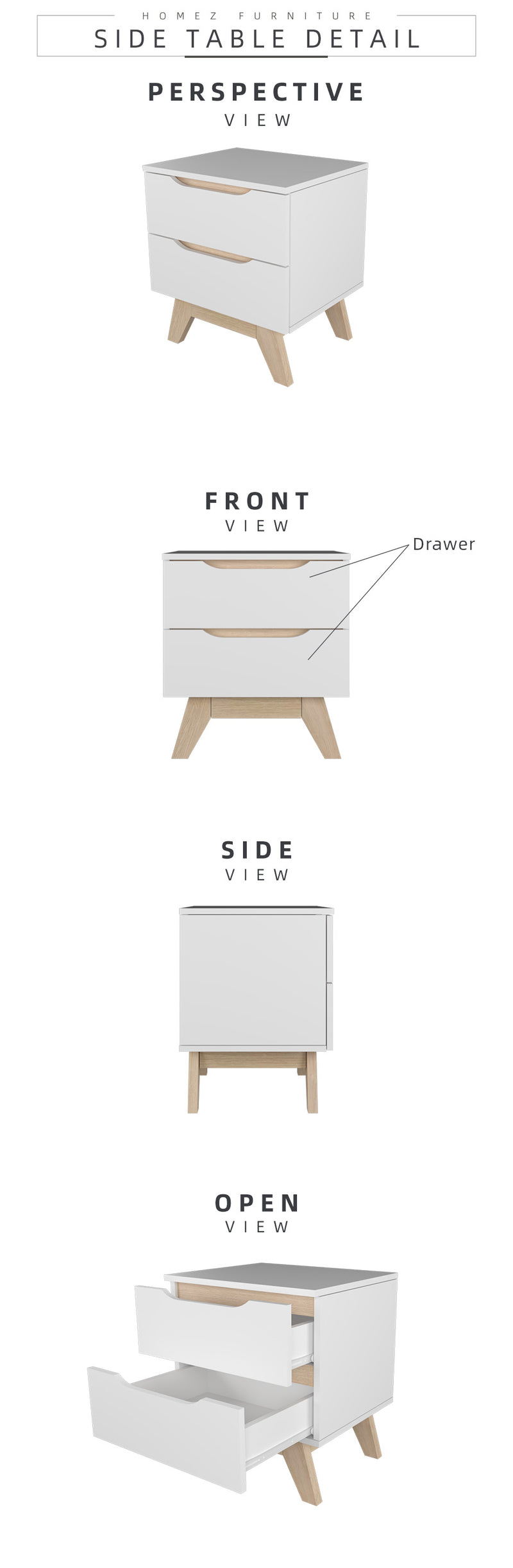2FT Simona Series Modernist Design Side Table With 2 Drawer - HMZ-FN-ST-5448-WT