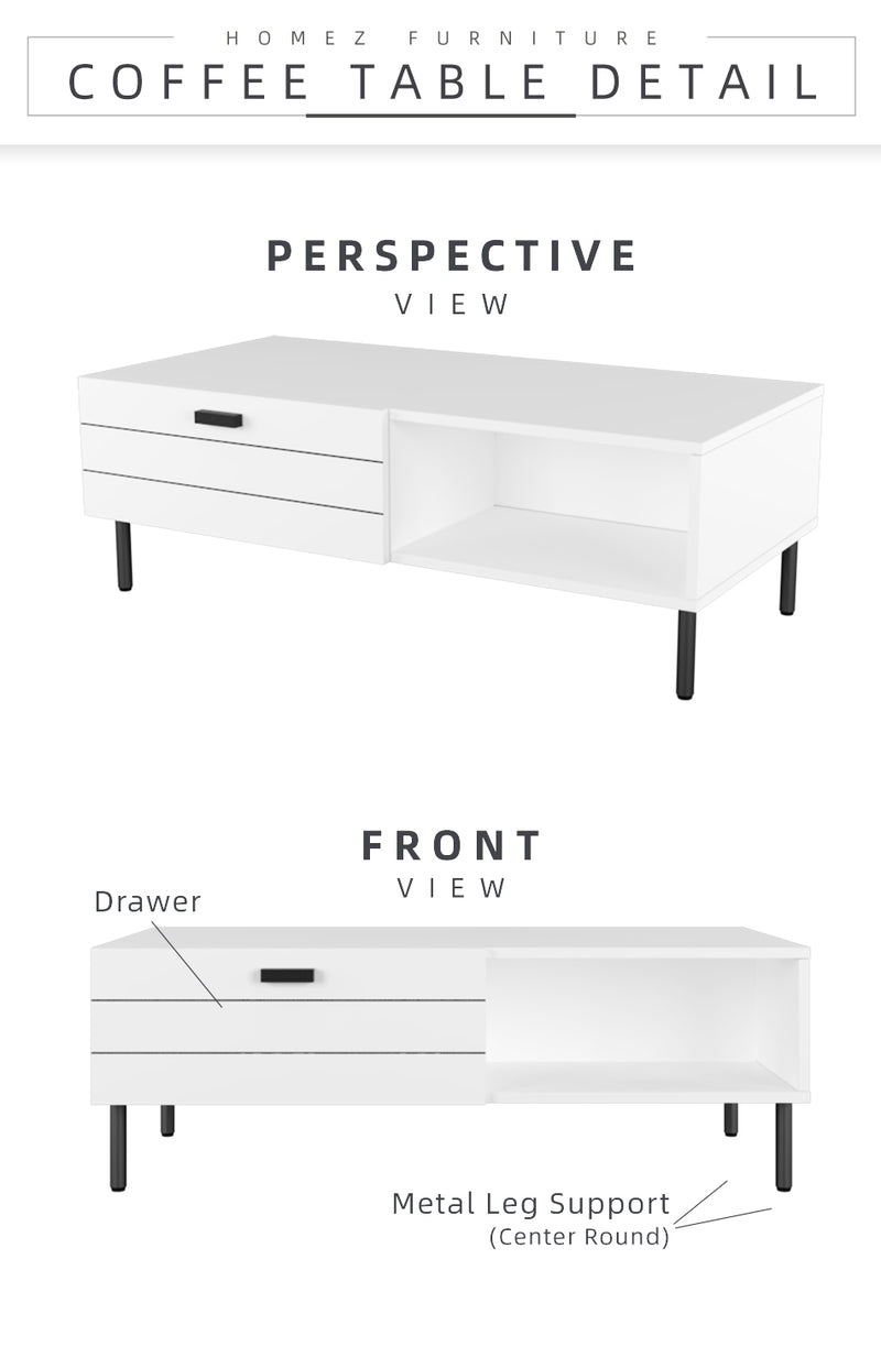 (Self-assembly) 3.5FT Jasmine Series Coffee Table with Metal Leg - HMZ-FN-CT-J1100-WT